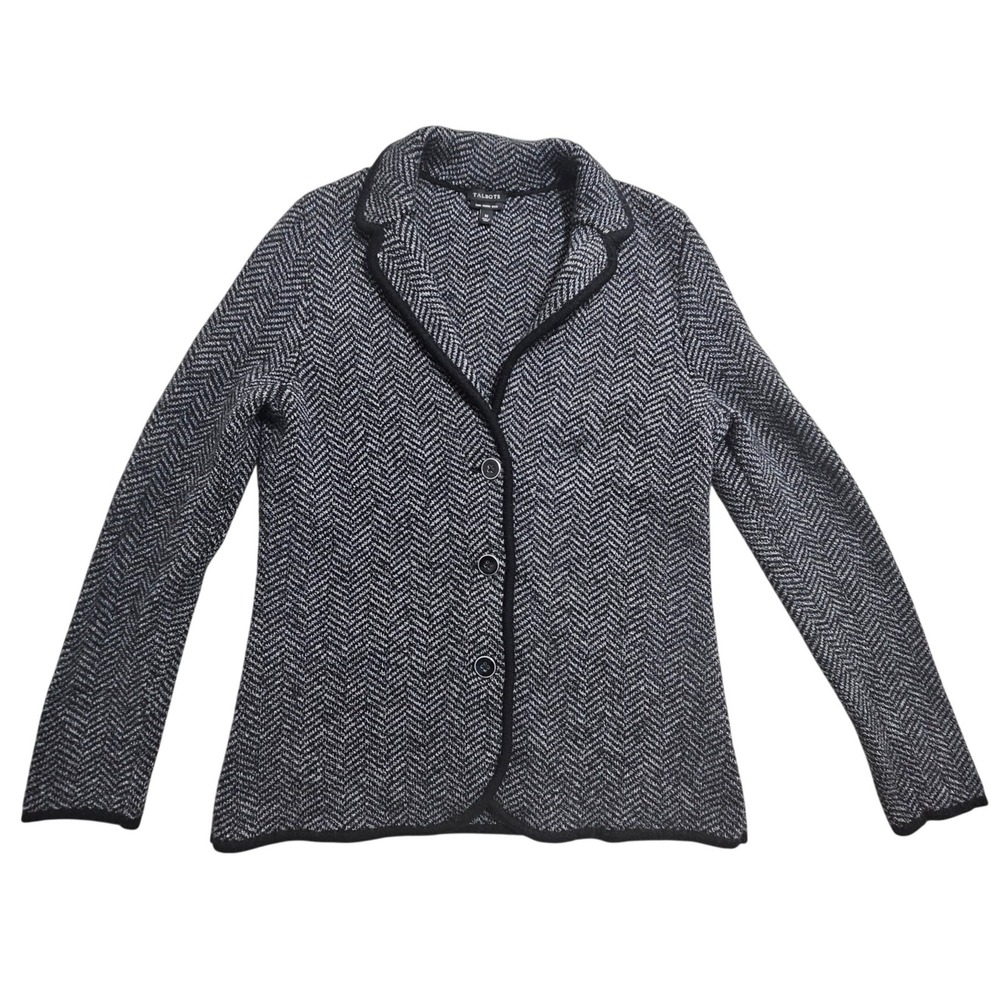 Talbots Cardigan Women Medium Black Herringbone 100% Merino Wool Blazer Sweater